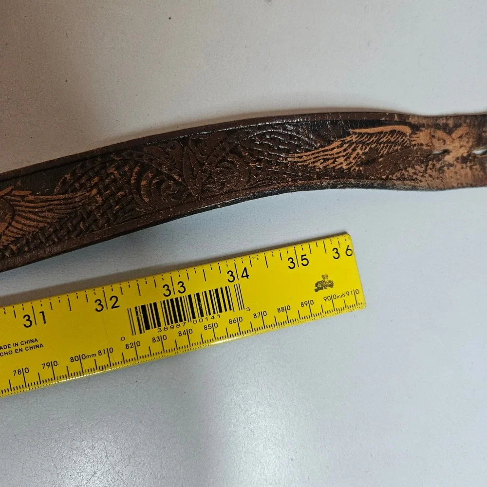 Vintage Jack Brass Buckle Tooled Leather Eagle Belt Brown Western 40 Inch KM627